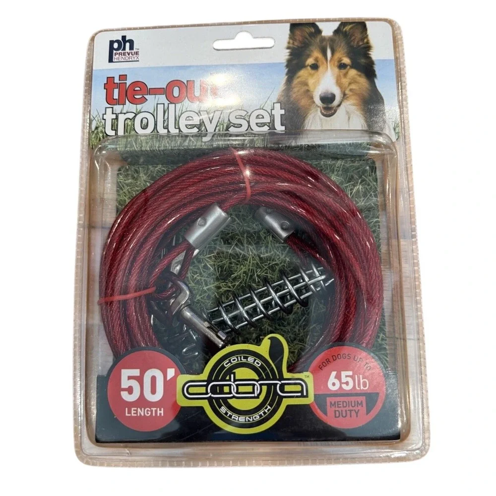 Prevue Pet Products Cobra Strength 50ft Red Coiled Tie Out Cable Dog Trolley Set